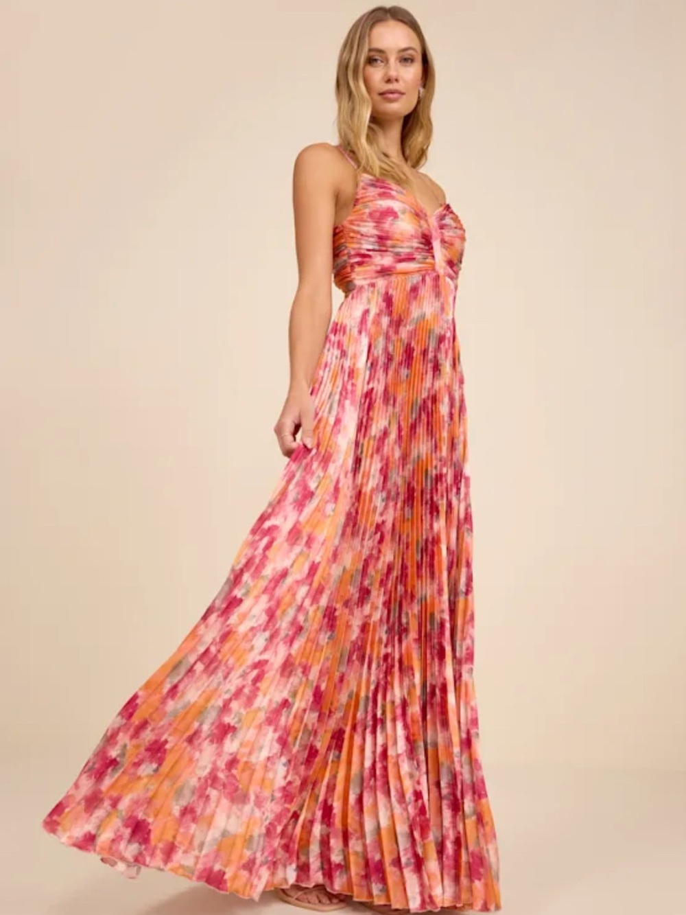 Lulus Dreaming in Color Pink Abstract V Neck Pleated Satin Maxi Dress New $118